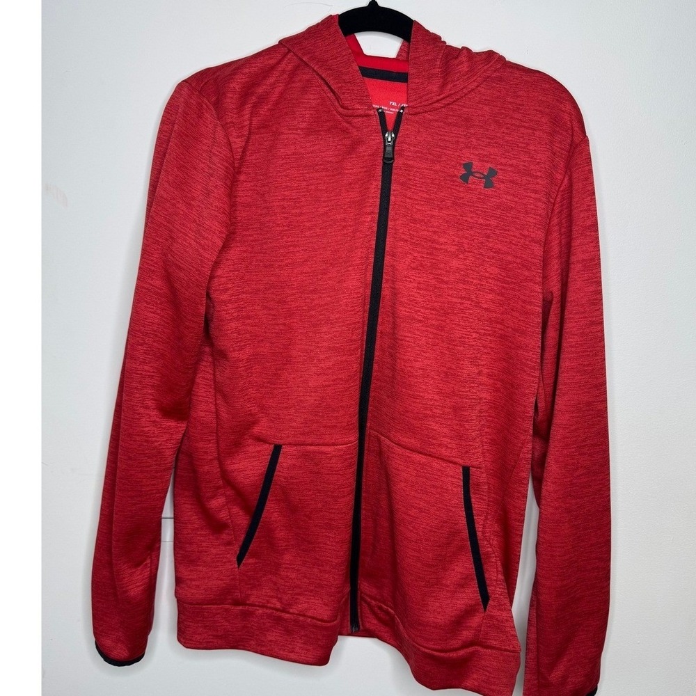 Under Armour Boys YXL Red Heathered Fleece Full Zip Hoodie Jacket Loose Fit